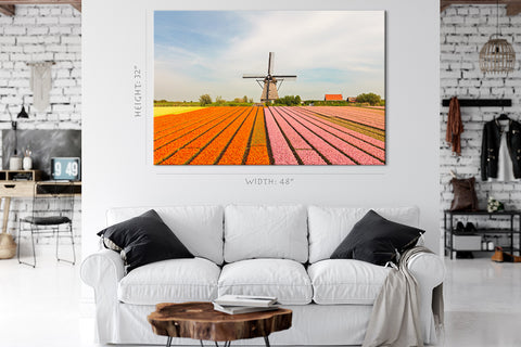 Impression sur toile - Champ fleuri de tulipes colorées et moulin à vent #E0741