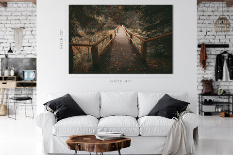 キャンバスプリント - 秋の森の古い木製の橋の道ヴィンテージスタイル＃e0132