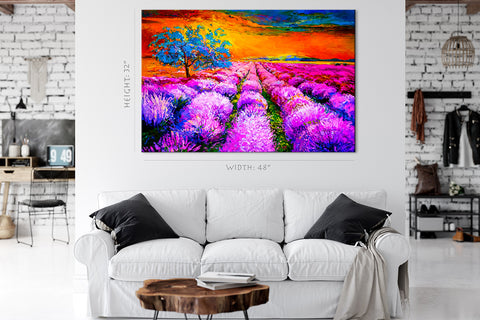 Canvas Print -  Lavender Field At Sunset, Oil Painting #E0602