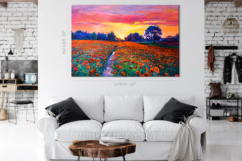 Impression sur toile - Coucher de soleil sur le champ de coquelicots rouges, peinture à l'huile #E0631