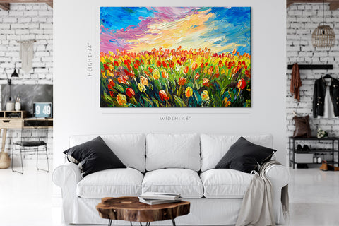 Impression sur toile - Champ coloré de tulipes, peinture à l'huile #E0732