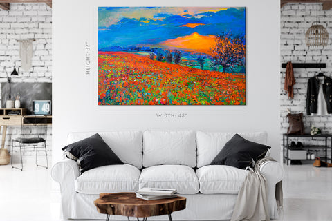 Canvas Print -  Poppy Plantation At Sunset, Oil Painting #E0608