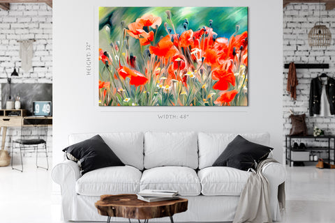 Canvas Print -  Blooming Red Poppies, Watercolor Painting #E0612