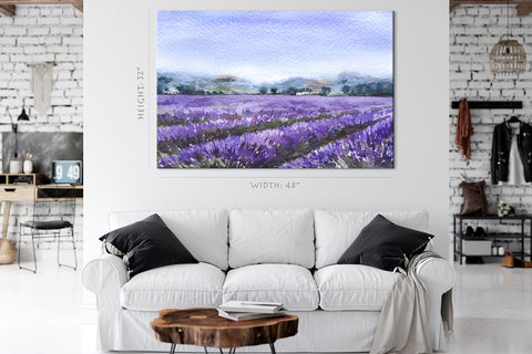 Impression sur toile - Champ de lavande en fleurs, peinture à l'aquarelle #E0783