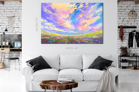 Canvas Print -  Colorful Flowers Field Under Beautiful Clouds, Landscape Painting #E0611