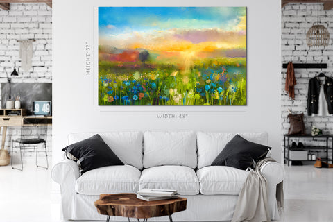 Canvas Print -  Wild Flowers Field At Sunset, Oil Painting #E0628