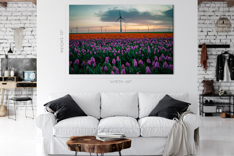 Impression sur toile - Champ de tulipes et moulins à vent #E0744