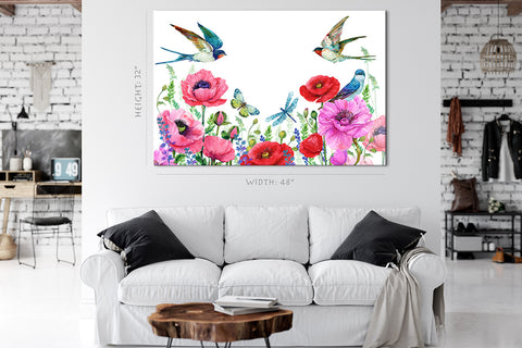 Canvas Print -  Red Poppies And Swallows #E0841