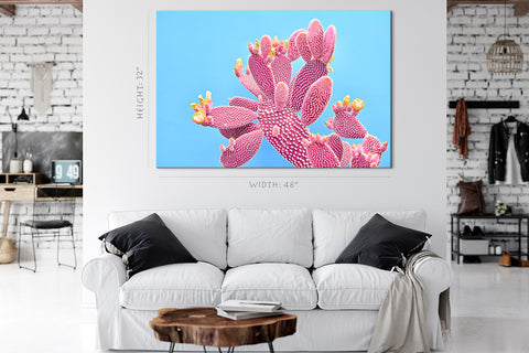 Canvas Print -  Blooming Pink Cactus On Blue Background #E0812