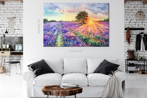 Canvas Print -  Lavender Field At Morning, Watercolor Painting #E0604