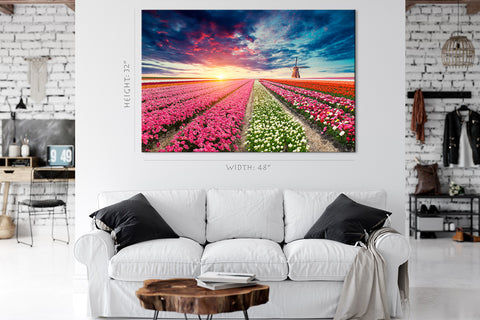 Canvas Print -  Field Of Tulips At Sunset #E0756