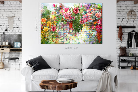 Impression sur toile - fleurs sur le mur, peinture à l'aquarelle #E0845