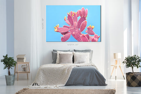 Canvas Print -  Blooming Pink Cactus On Blue Background #E0812