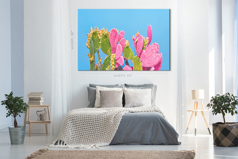 Impression Sur Toile - Cactus Vert Et Rose Sur Fond Bleu #E0810