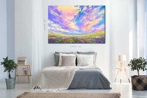 Canvas Print -  Colorful Flowers Field Under Beautiful Clouds, Landscape Painting #E0611