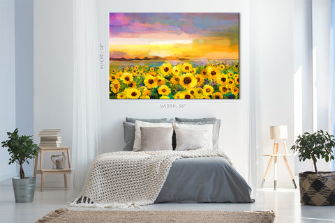 Canvas Print -  Sunflower Field At Sunny Day, Oil Painting #E0617