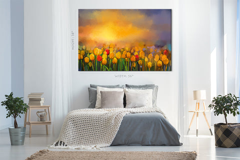 Canvas Print -  Yellow And Red Tulips Field, Oil Painting #E0603