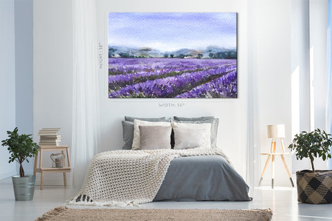 Impression sur toile - Champ de lavande en fleurs, peinture à l'aquarelle #E0783