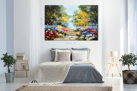 Canvas Print -  Colorful Summer Park, Beautiful Flowers, Oil Painting Landscape #E0615
