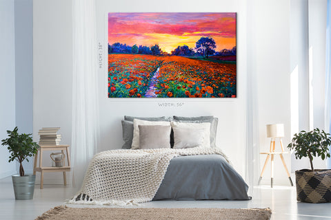 Impression sur toile - Coucher de soleil sur le champ de coquelicots rouges, peinture à l'huile #E0631