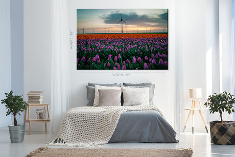 Impression sur toile - Champ de tulipes et moulins à vent #E0744