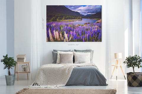 Canvas Print -  Lupin Field And Mountain River Scenery In Chilean Patagonia, Chile #E0584
