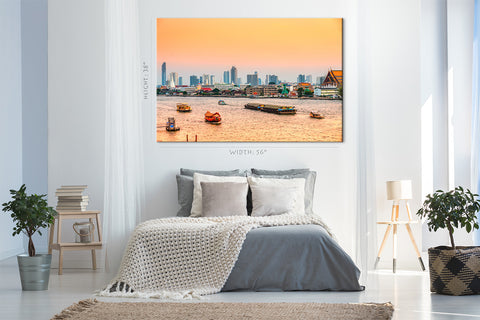 Impression sur toile - Bangkok Skyline sur la rivière Chao Praya au coucher du soleil #E0300