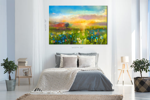 Impression sur toile - Champ de fleurs sauvages au coucher du soleil, peinture à l'huile #E0628