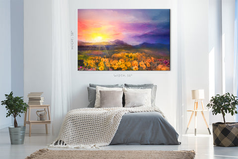 Canvas Print -  Yellow-Golden Daisies In Field At Sunset, Oil Painting #E0616