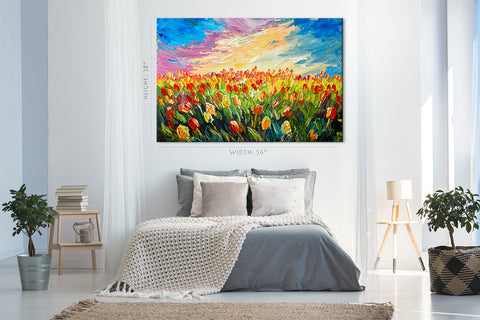 Impression sur toile - Champ coloré de tulipes, peinture à l'huile #E0732