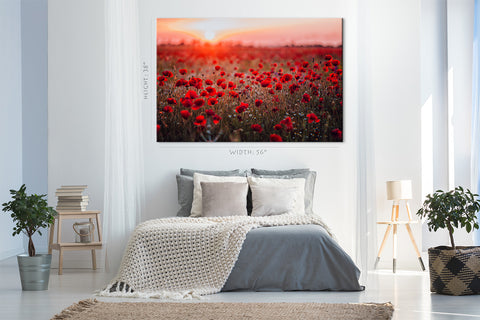 Impression sur toile - Champ de feu de coquelicots rouges au coucher du soleil #E0629