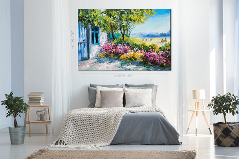 طباعة قماش - سرير زهرة ملون بالقرب من المنزل ، اللوحة الزيتية #E0607