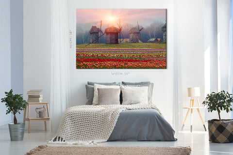 Canvas Print -  Plantation Of Tulips And Old Mills #E0730